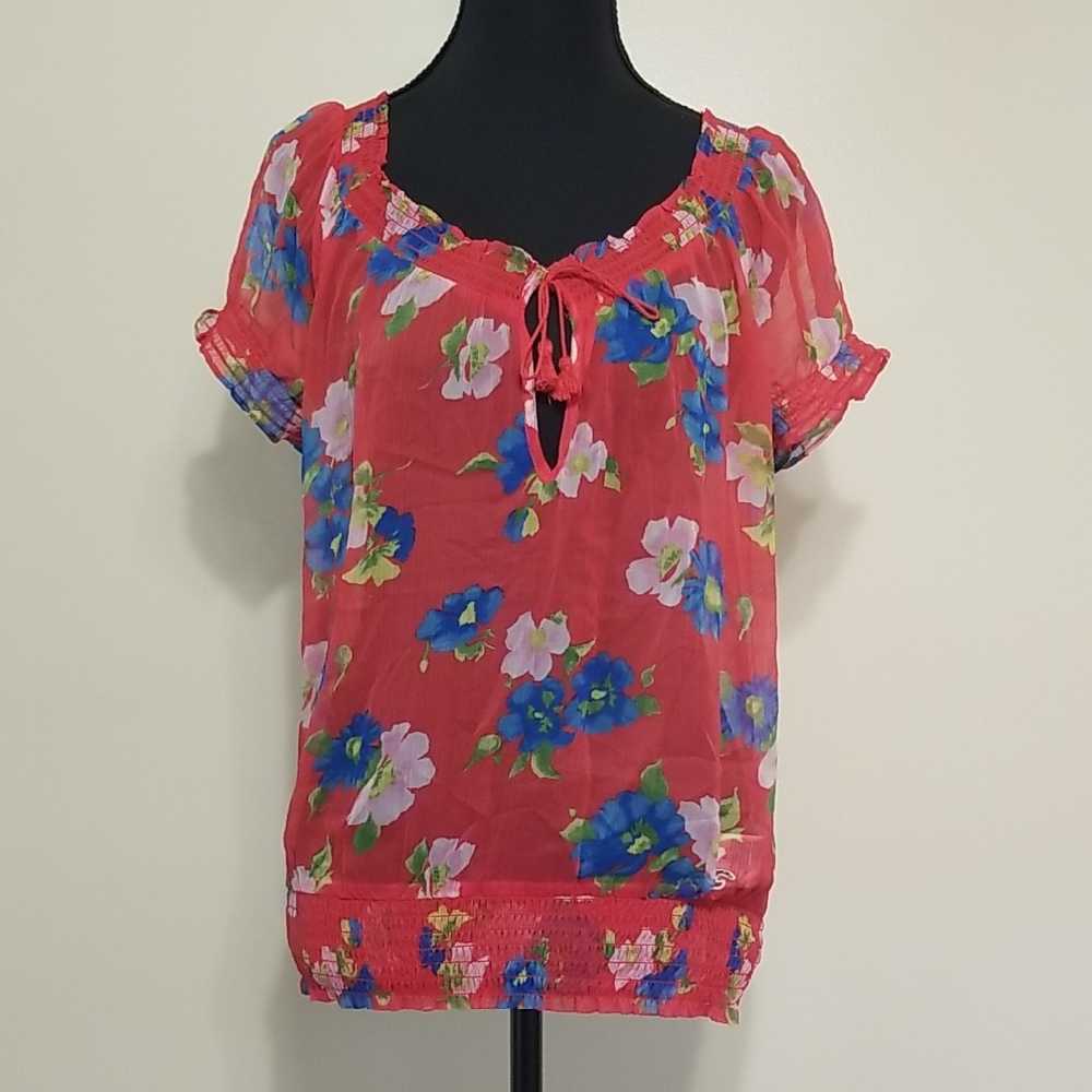 Hollister Y2K Floral Sheer Lightweight Babydoll Top Summer Spring Blouse Large